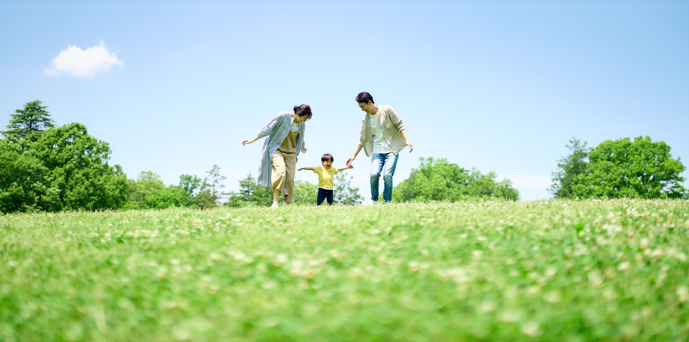 草原で過ごす家族。旅行教材の説明用イメージ。